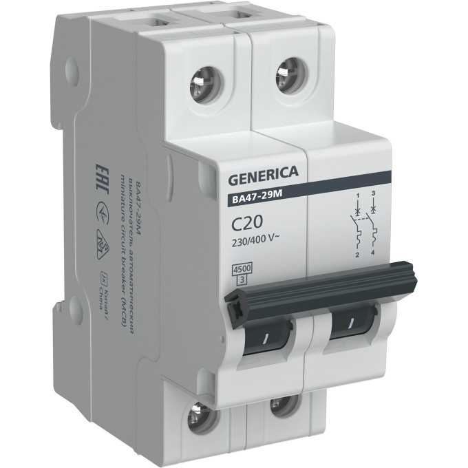 Автоматический выключатель IEK GENERICA ВА47-29М 2P 20А 4,5кА C MVA21-2-020-C-G